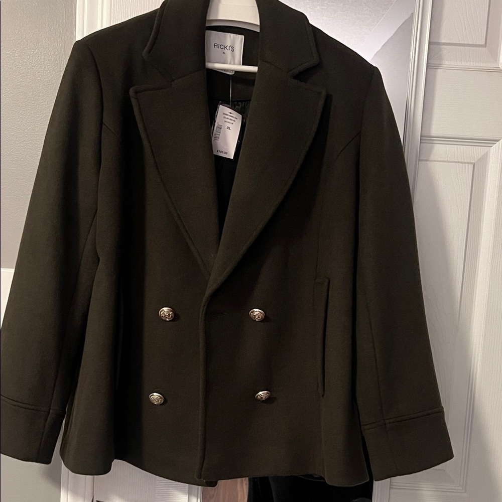 Ricki's Dark Olive Double-Breasted Peacoat with Gold Buttons
